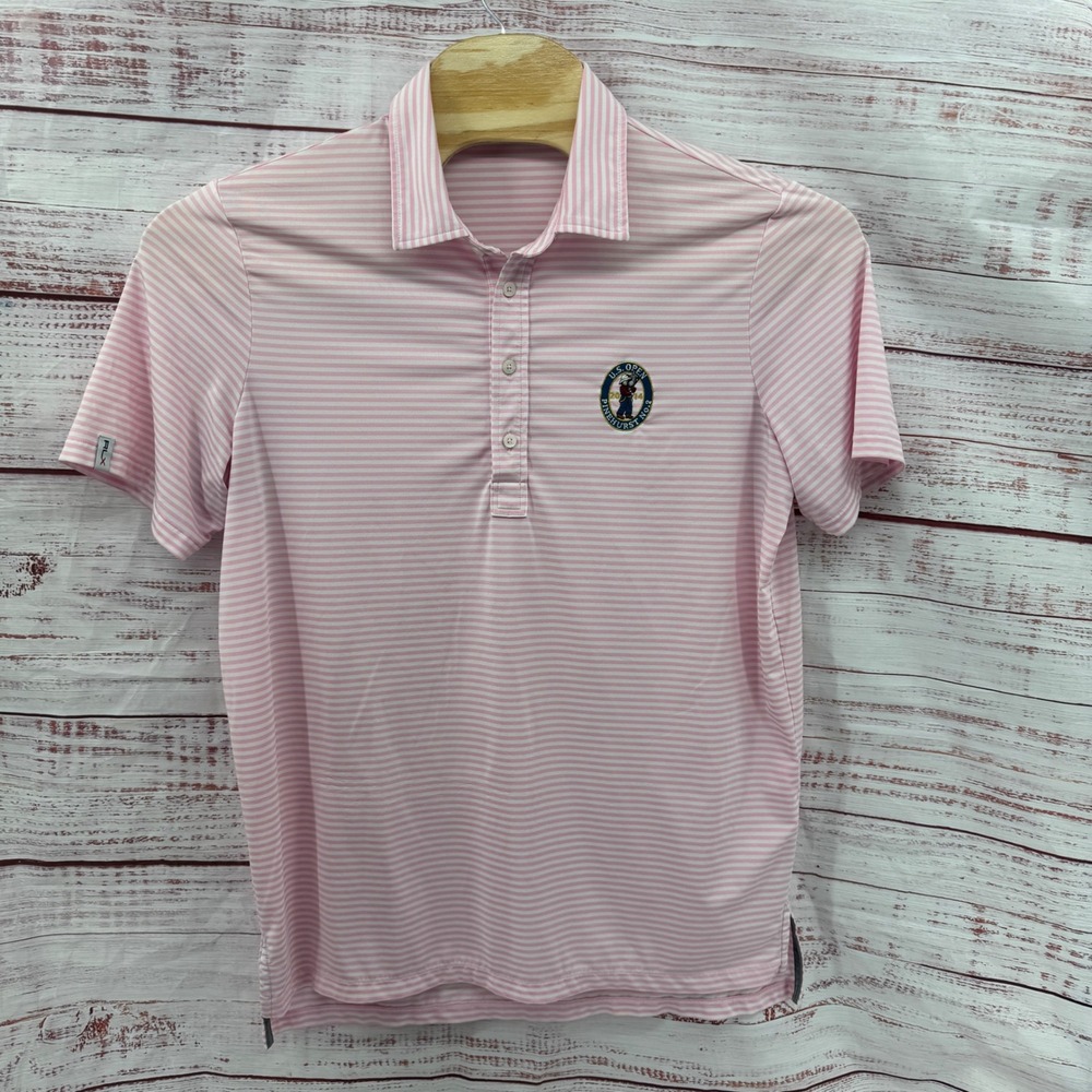 RLX Ralph Lauren Golf Polo Shirt Mens Large Pink White Stripe US Open Pinehurst
